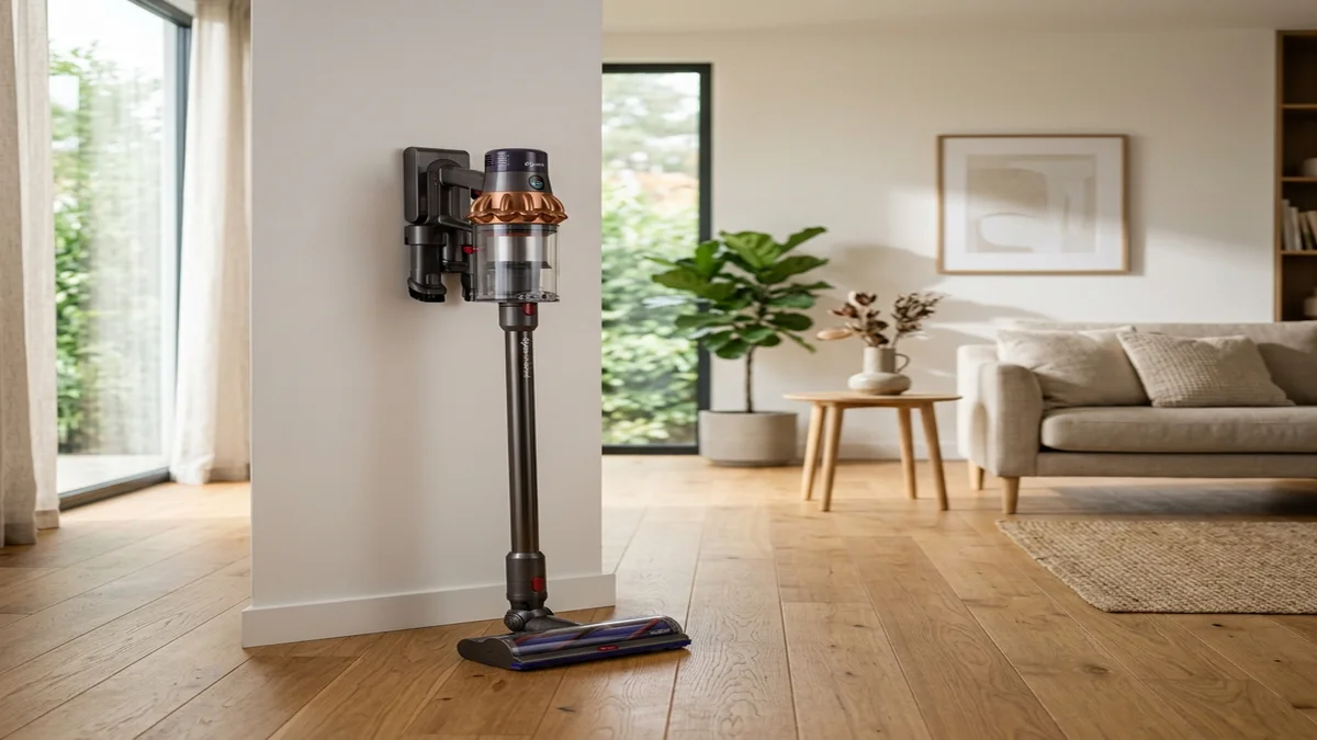 Máy hút bụi cầm tay không dây hiện đại trong phòng khách thiết kế tối giản