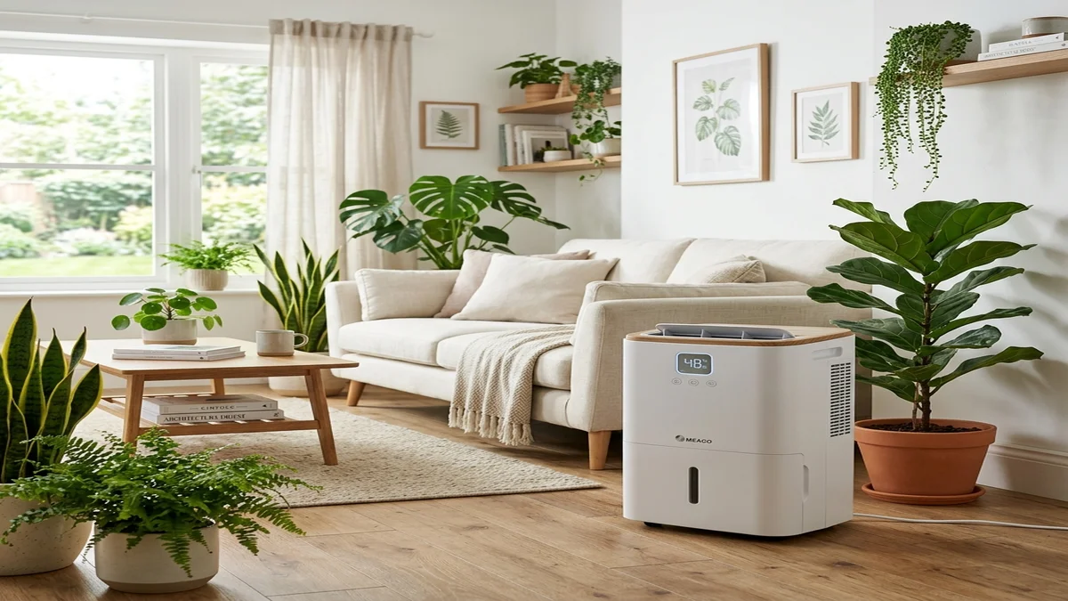Máy hút ẩm hiện đại trong phòng khách thoáng đãng có nhiều cây xanh